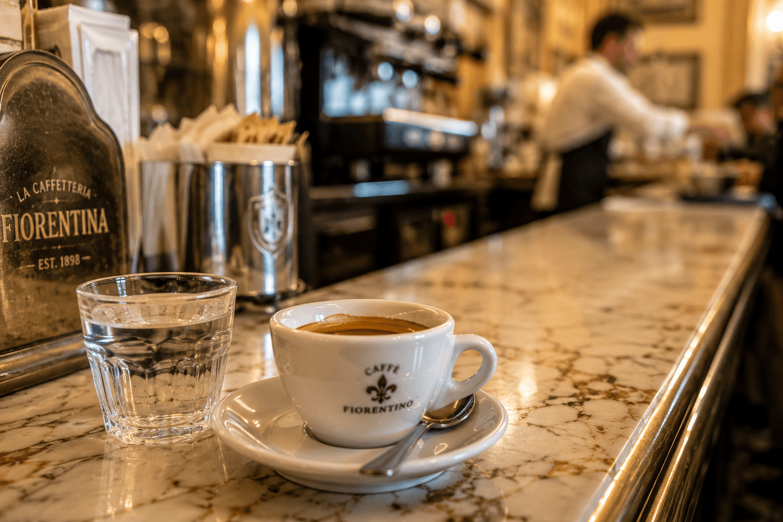 Espresso cup on marble counter at Italian cafe bar