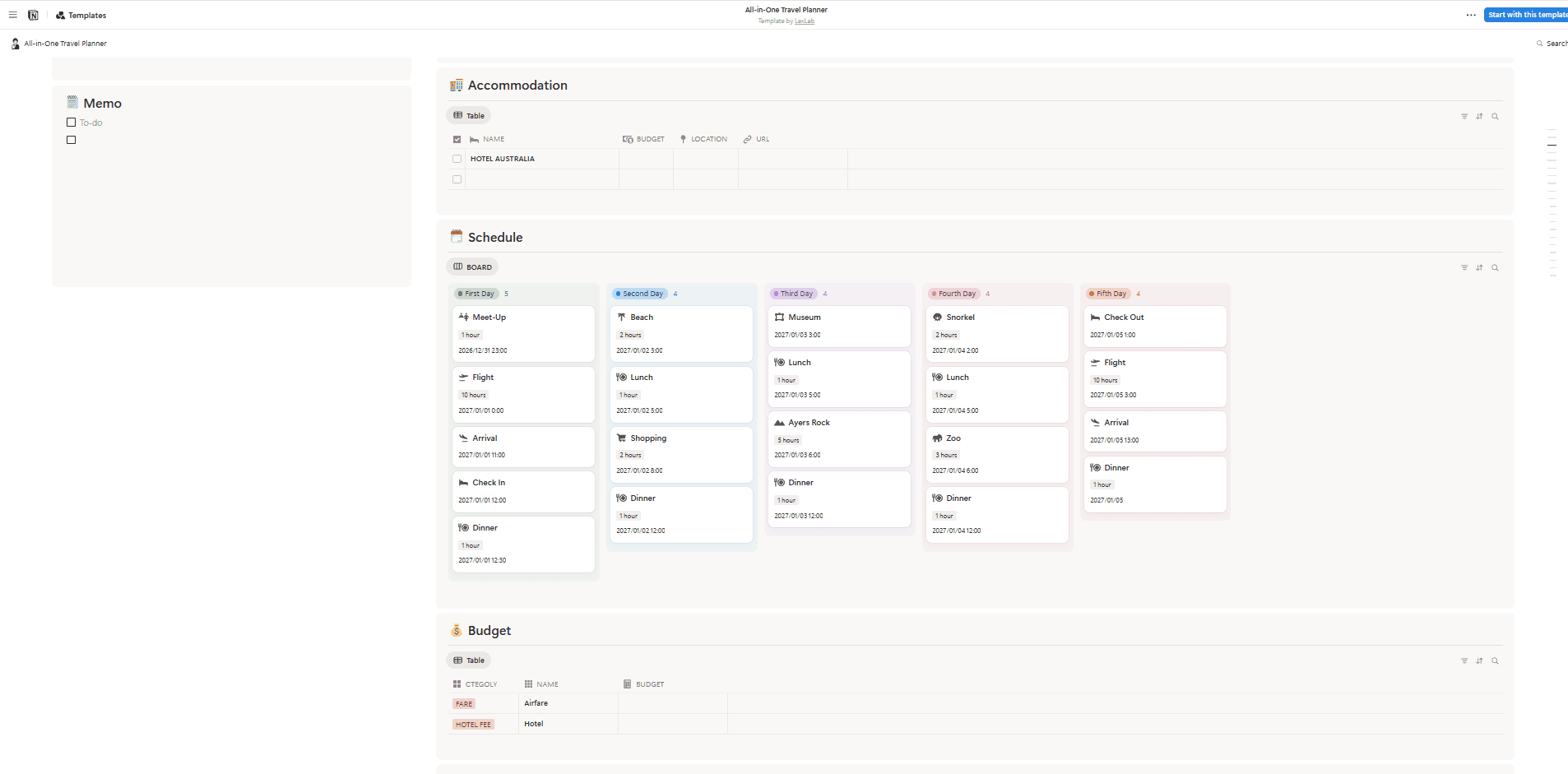 All-in-One Travel Planner showing connected databases