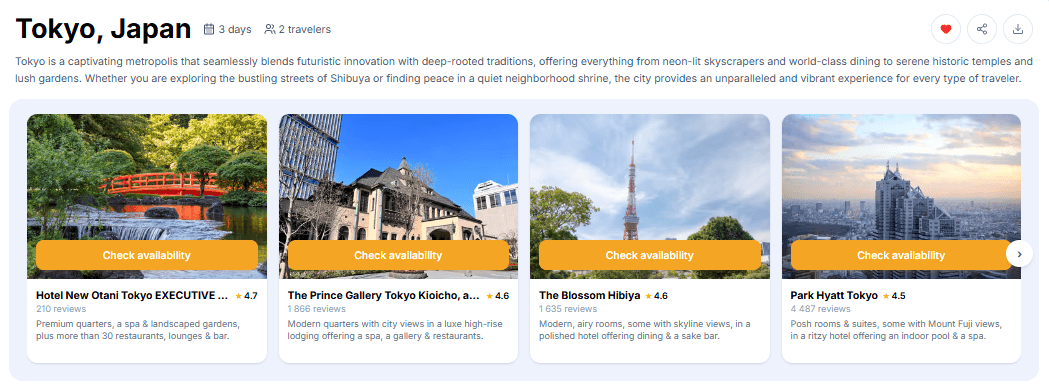 TripStone hotel recommendations with real-time prices and availability