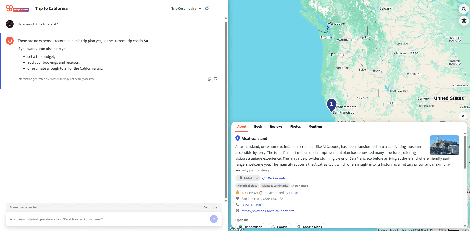 wanderlog ai assistant paywall max 10 message