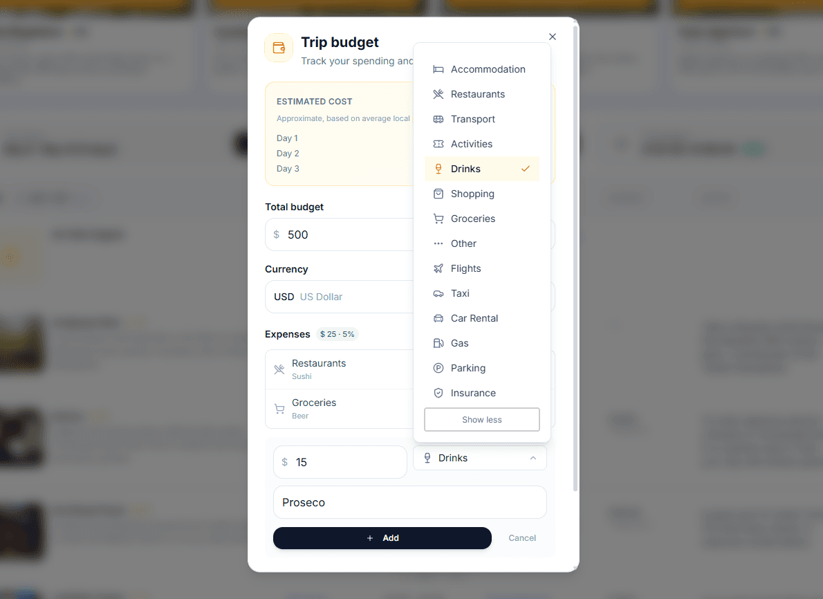 TripStone expense categories — track restaurants, transport, drinks, and more