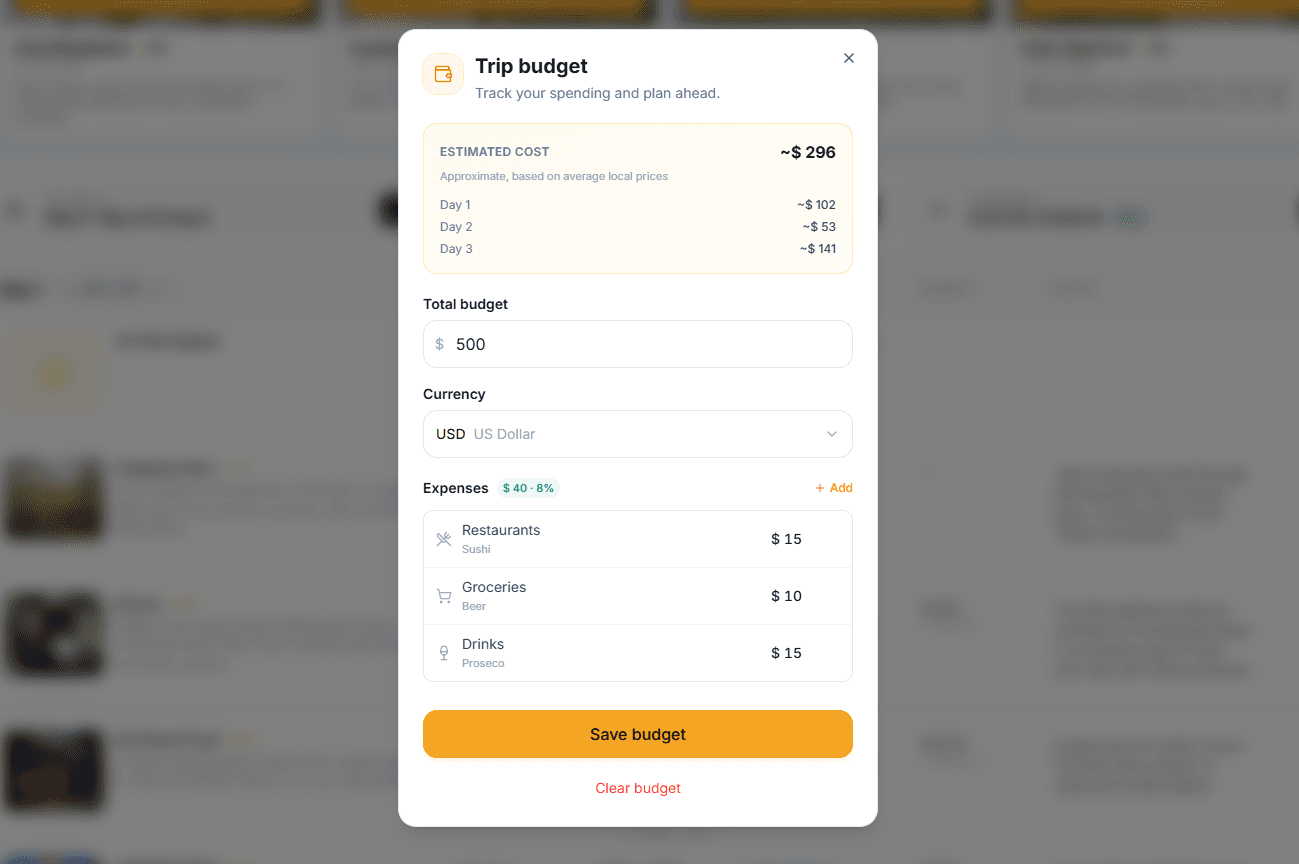 Budget tracker in trip planning