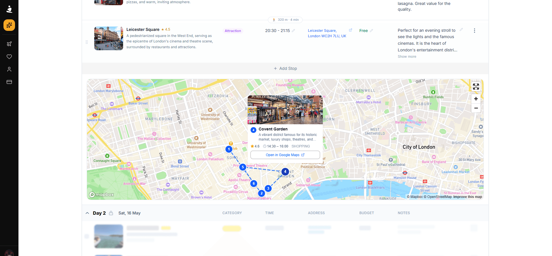 full trip with map and budget per stop