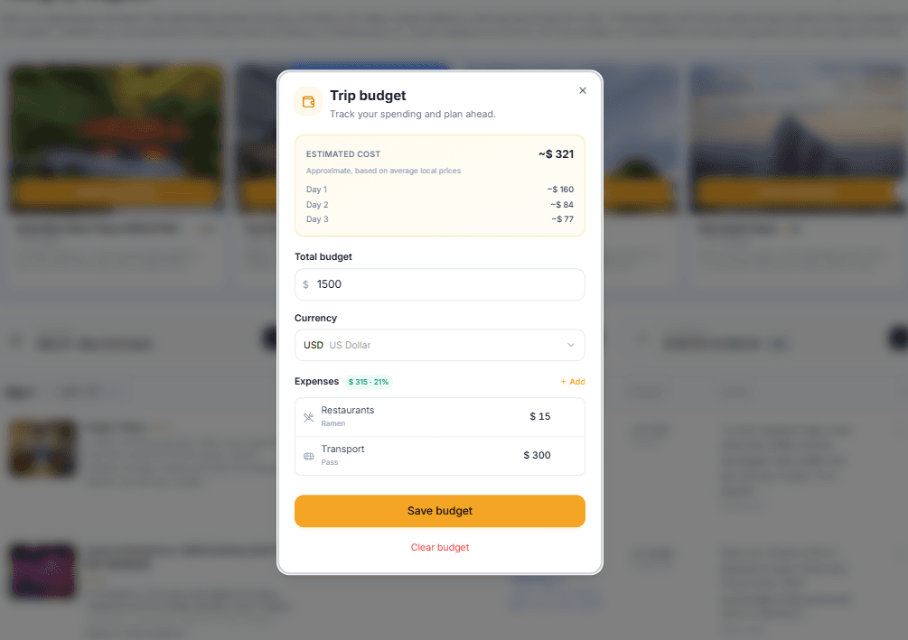 TripStone budget modal showing estimated costs per day with expense tracking