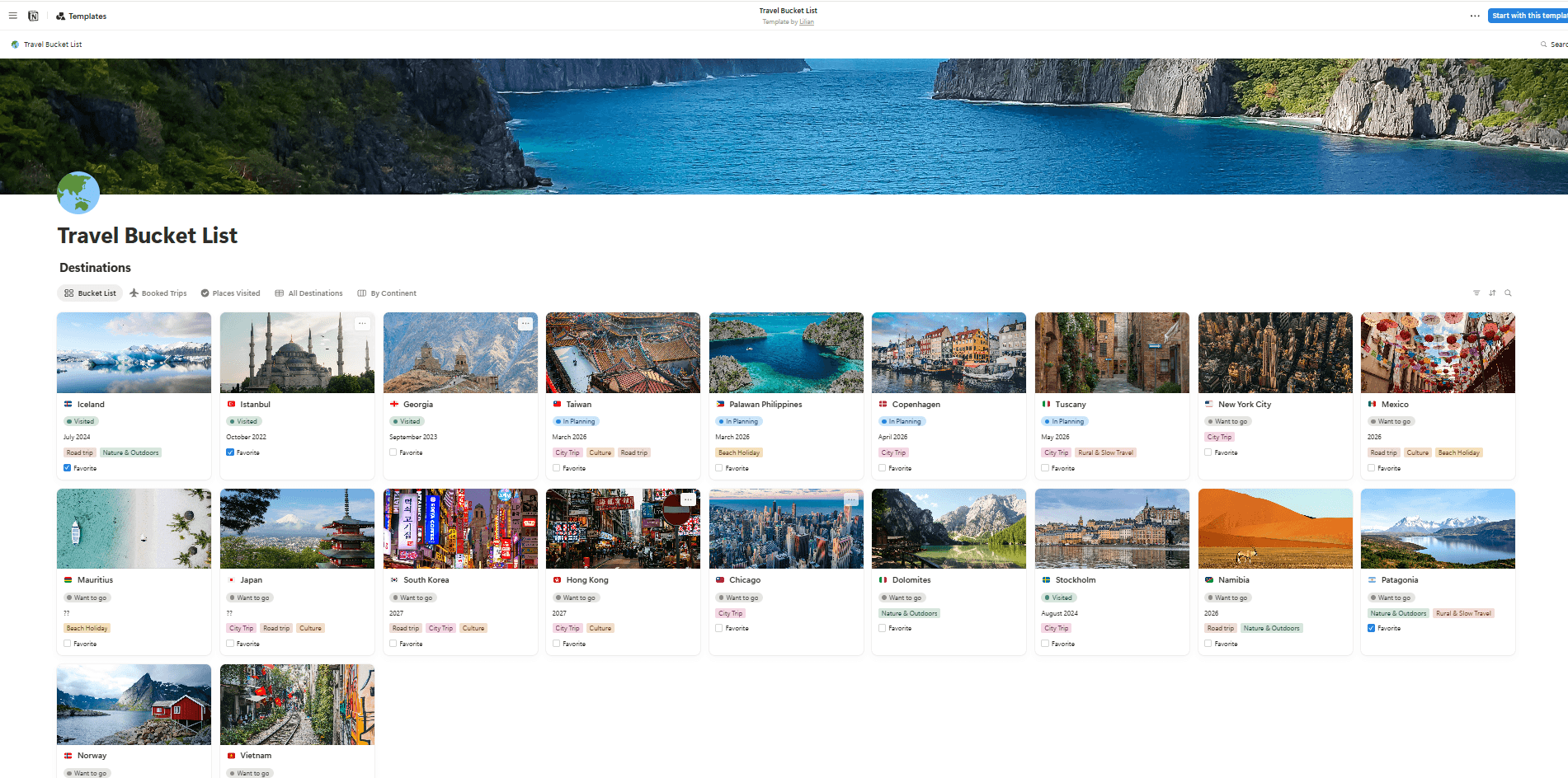 ravel Bucket List template showing world regions and destinations
